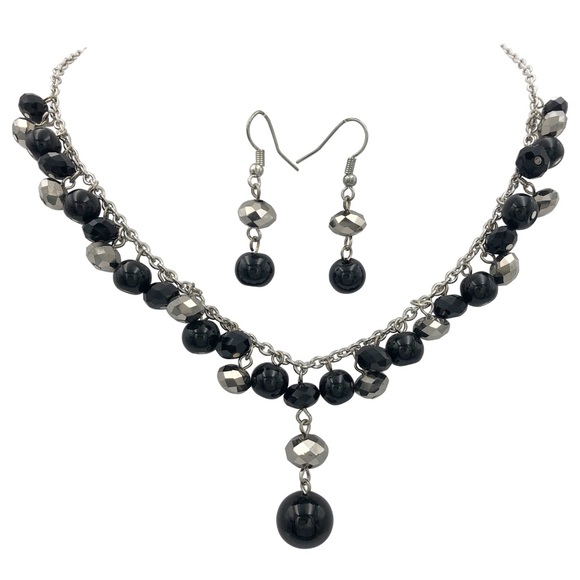 Black Grey Bead Drop Necklace Dangle Earrings Set - Picture 1 of 4